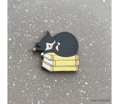 Брошь Кот серый на книжках спит